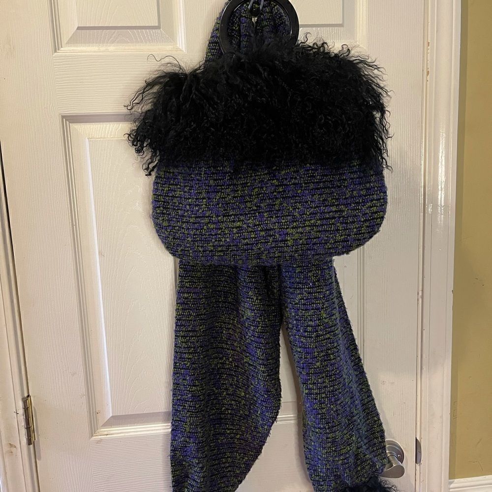 Romag knit purple & green black faux fur handbag.